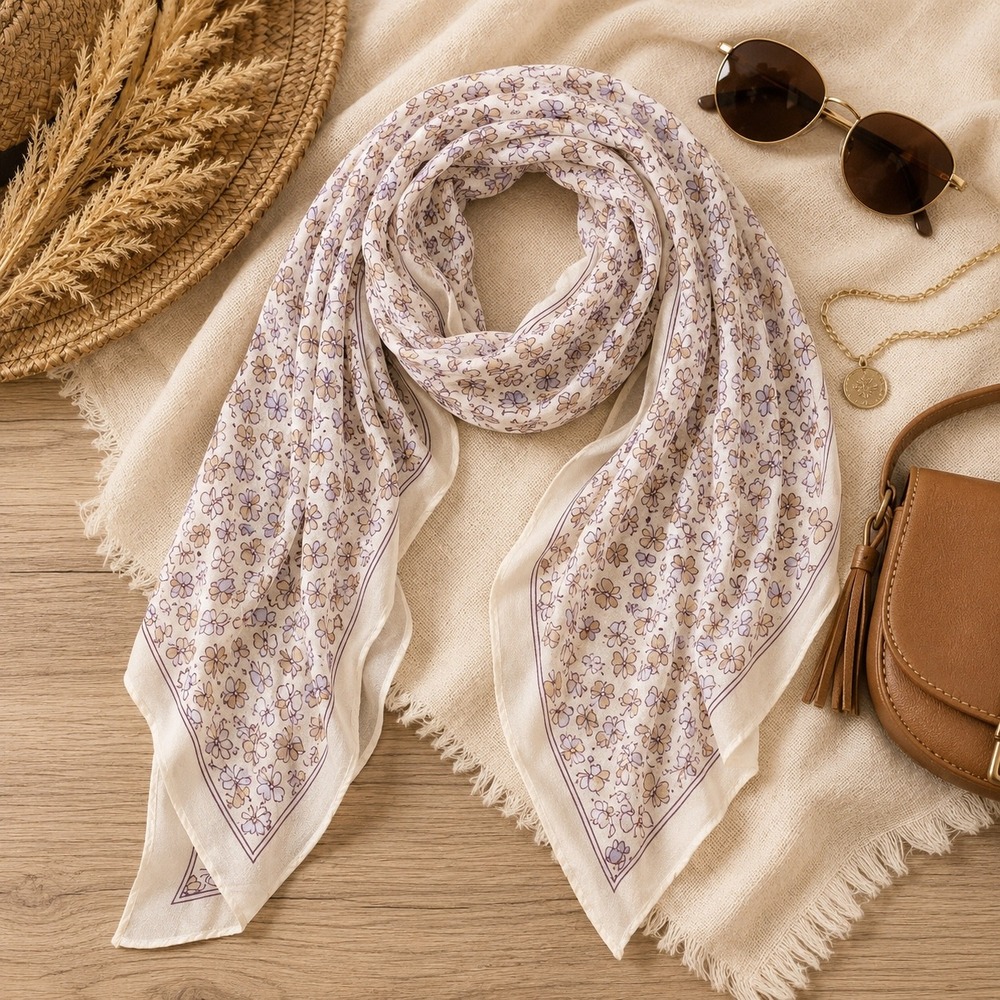 Cacharel Butterfly Print Scarf Purple Blue Tan Lightweight Sheer Wrap Accessory